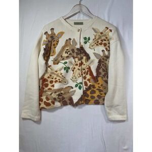 Vintage 90s Antarctica Giraffe Knit Cardigan Cream‎ 3D Fringe Animal Sweater